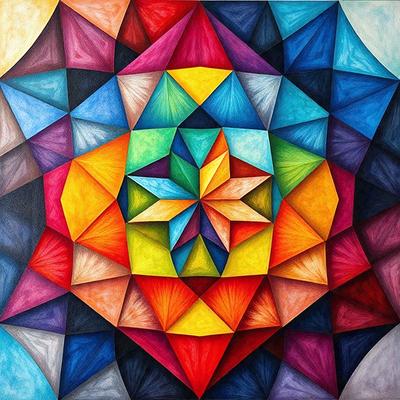 The primary subject of the image is a colorful, geometric pattern. The setting is a painting, which showcases the vibrant colors and intricate design. The visual style is a mix of digital art and illustration, creating a unique and eye-catching piece. The dominant colors in the painting are red, yellow, and blue, which contribute to a lively and energetic atmosphere.